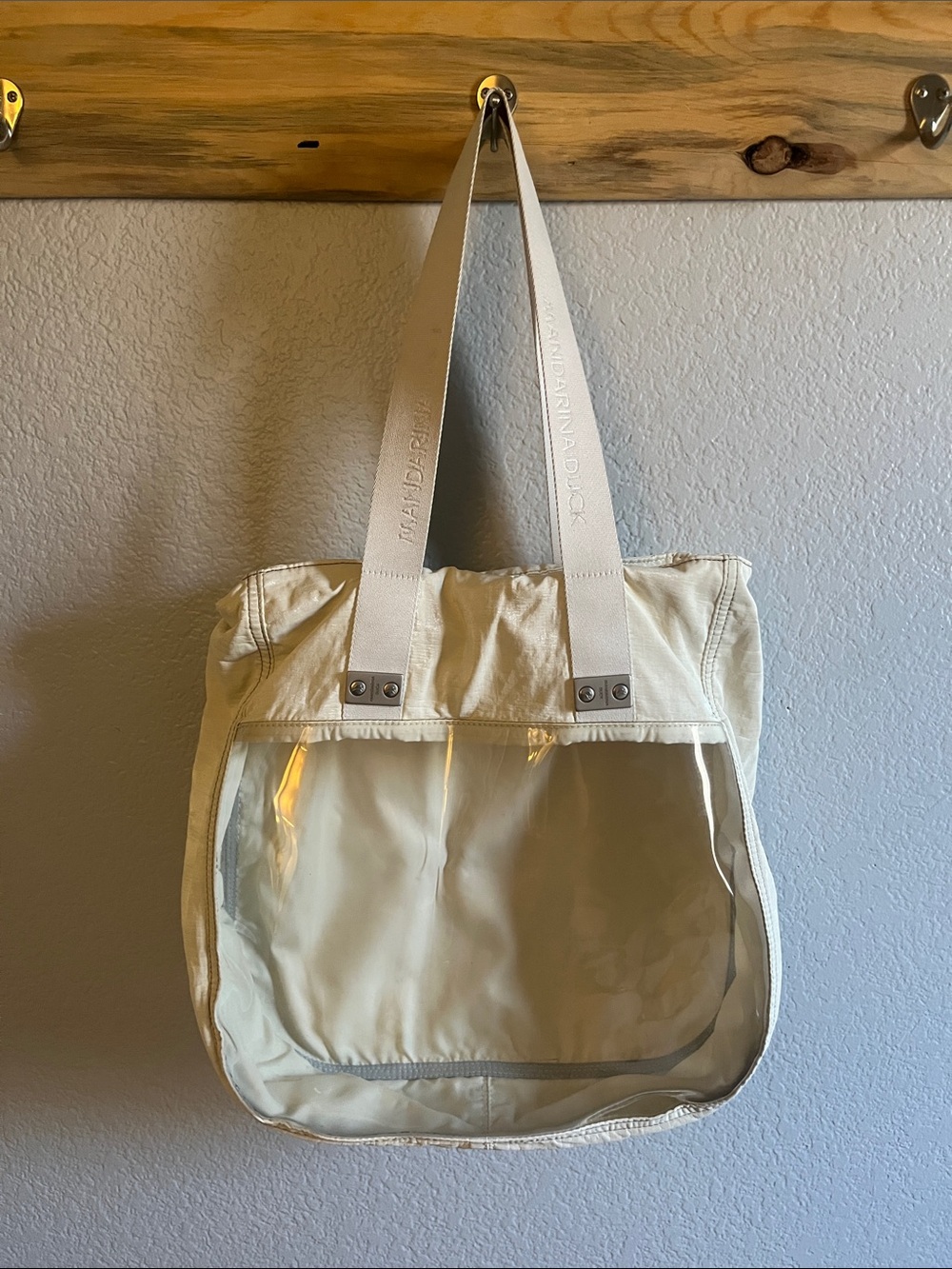 Mandarina Duck Satin Canvas Tote with Clear Front and Back Panels - Cream